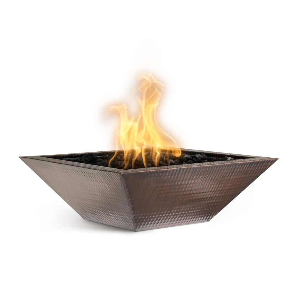 The Outdoors Plus OPT-103-SQ24E12V-LP 24" Maya Hammered Copper Fire Bowl - 12V Electronic Ignition - Liquid Propane